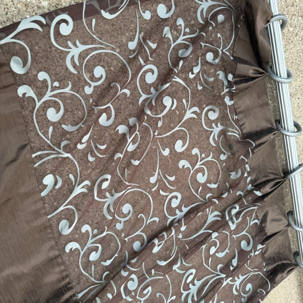 Chocolate Brown silk curtains with scroll embellishments